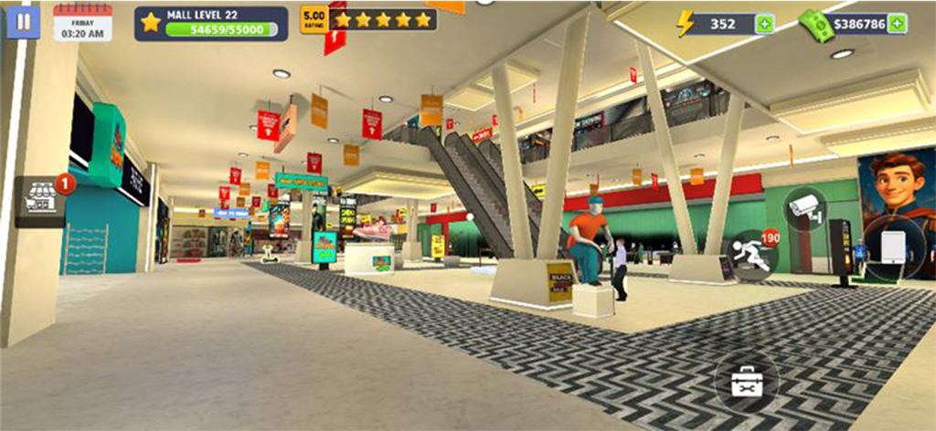 Mall & Fast Food Simulator 3D - 3D interior view of a shopping mall with escalators and shops in a business simulation game