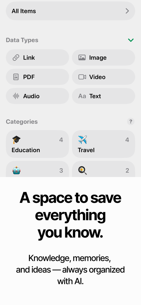 Savespace Bookmark AI - Savespace app interface showing AI organized data types and categories for links PDFs and videos