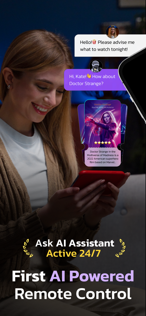 Universal Remote: TV Control • - Mujer usando el asistente de IA en la aplicación de control remoto universal para obtener recomendaciones de películas