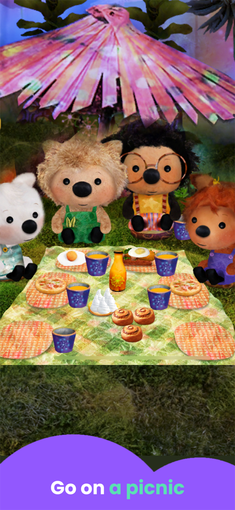 Adventure Games: for Kids - Four cute animal characters having a picnic on a blanket in a whimsical forest