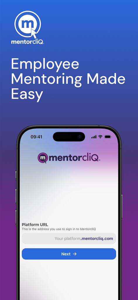 MentorcliQ - MentorcliQ app login screen with the headline Employee Mentoring Made Easy