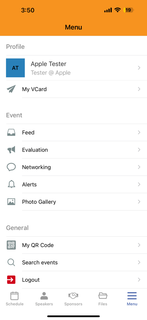 ABI Connect App - User menu interface of the ABI Connect App featuring profile and event management options