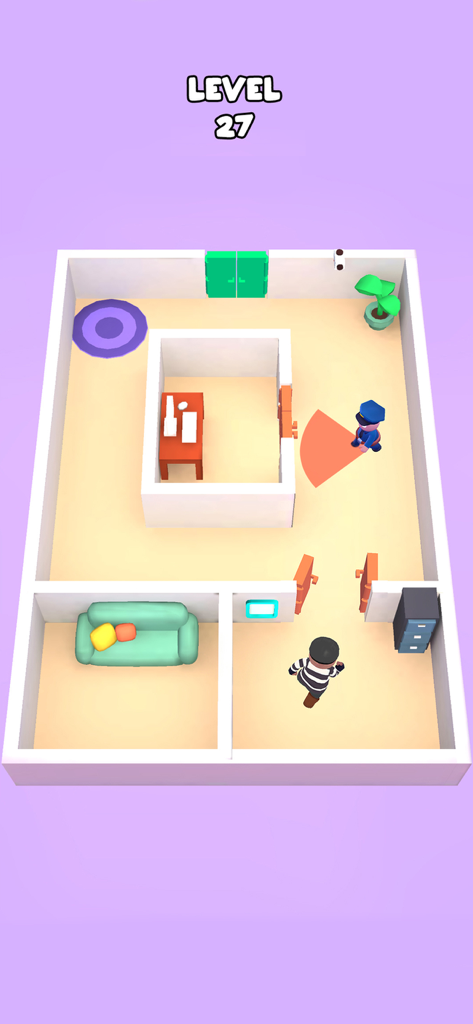 Thief Escape: Adorable Rescue - Gameplay of Thief Escape showing a robber character sneaking past a policeman with a vision cone in a top down puzzle level