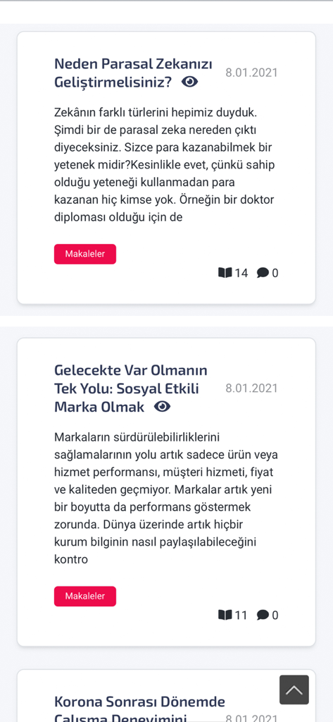 Mobil Akademi v3 - Mobile screen showing a feed of professional development articles in the Mobil Akademi app