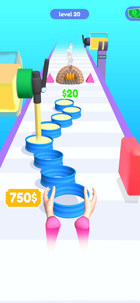 Bakery Stack Cooking Games - Bakery Stack runner game showing a player stacking food items on a 3D track
