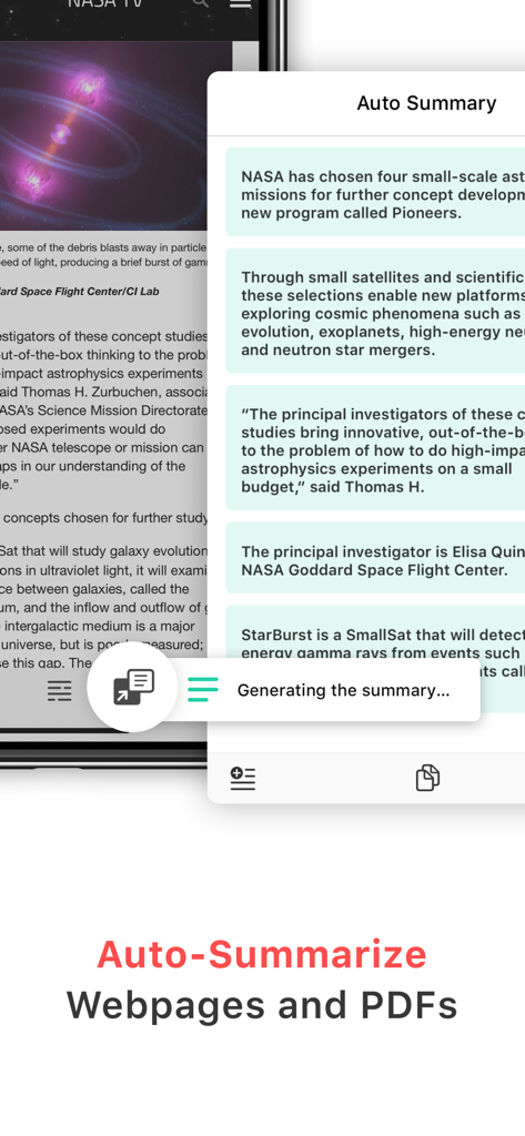 Smartphone screen displaying the AI auto-summary feature of Markup Ultimate with a summarized article about NASA