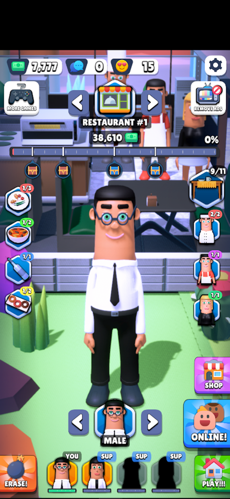 Menú de selección de personajes y gestión de restaurante en Restaurant Simulator Online