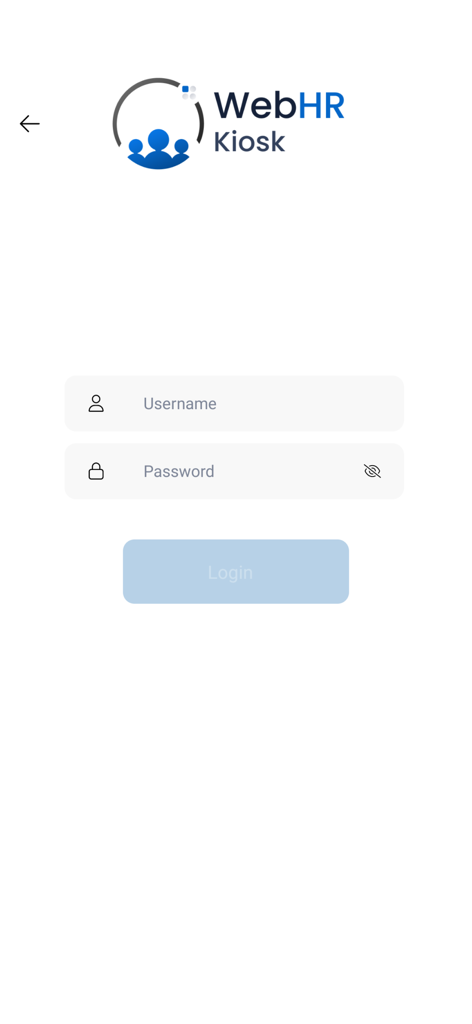 WebHR Kiosk - Login screen for the WebHR Kiosk app featuring username and password fields