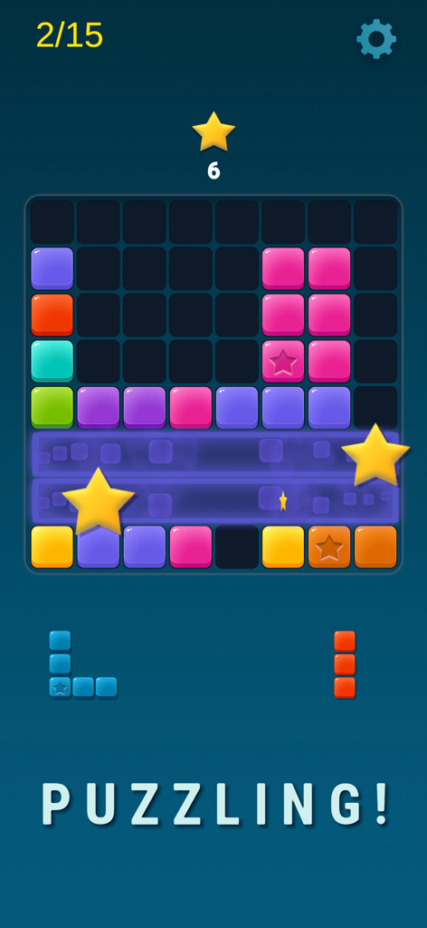 Block Blaster: Match Blast - Vibrant block puzzle gameplay showing colorful cubes and clearing rows with star animations.