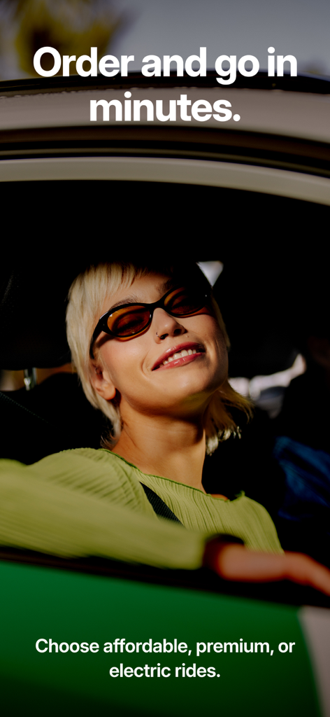 A young woman smiling in the back of a car with text describing affordable premium and electric ride options