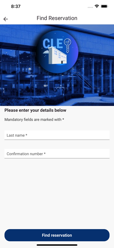 Find reservation screen in the CLE KEY app with fields for last name and confirmation number