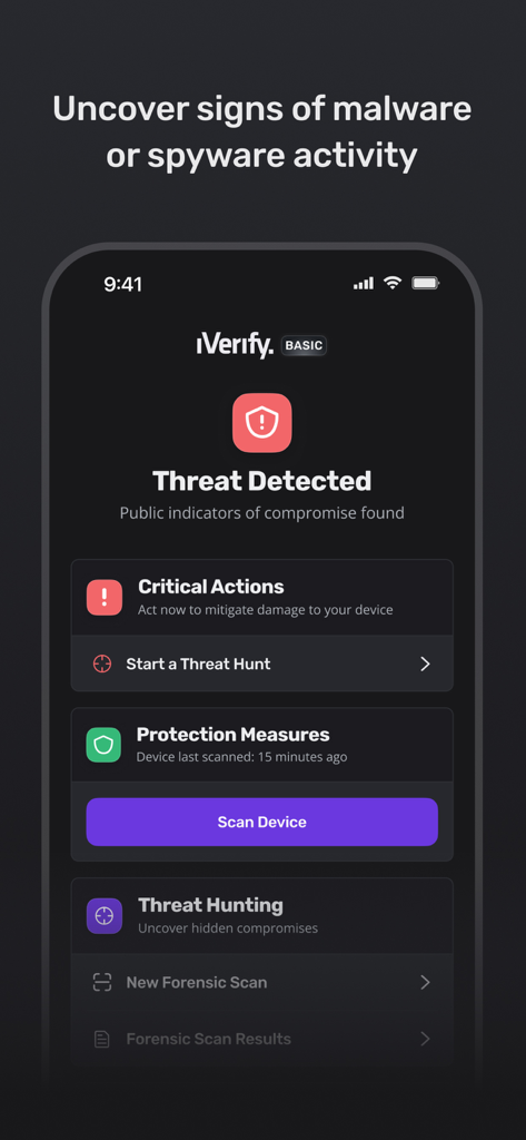 Interface do aplicativo iVerify Basic mostrando um alerta de ameaça detectada e opções de varredura de malware.