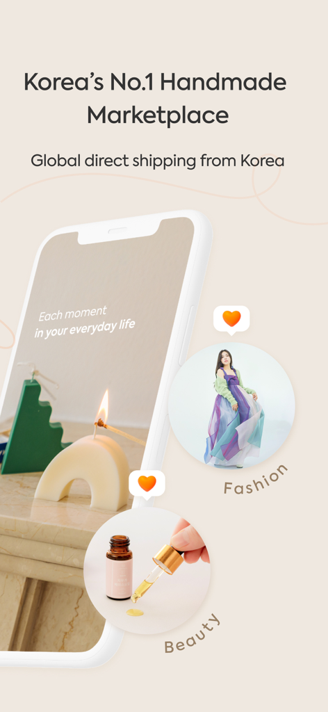 idus - Handmade Marketplace - idusモバイルアプリのインターフェース。ユニークな韓国製ハンドメイドのファッション、美容製品用。