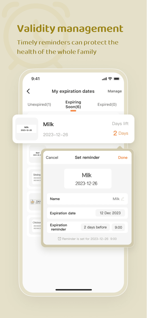 NIIM - Oberfläche der NIIM-App, die die Verfolgung von Lebensmittel-Verfallsdaten und die Einstellungen für Erinnerungen zur Haushaltsverwaltung zeigt.