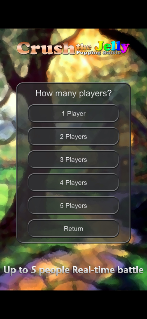 Crush the Jelly - Net PvP - Multiplayer mode selection menu for Crush the Jelly Popping Battle app showing options for 1 to 5 players