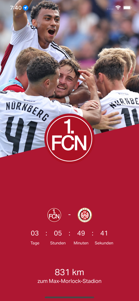 1. FCN - La aplicación 1 FC Nuernberg mostrando una cuenta regresiva para un partido y jugadores celebrando