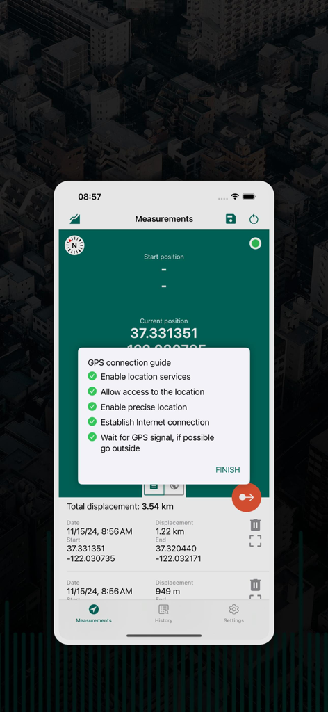 My GPS Tape Measure - My GPS Tape Measure app showing a GPS connection guide checklist and measurement interface on an iPhone