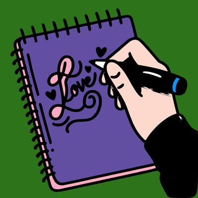 a hand writing “love” in calligraphy on a notebook