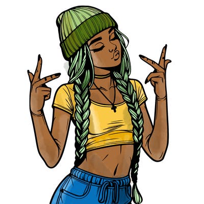 realistic teenage girl with braids and a beanie and crop top doing 🫶🏼