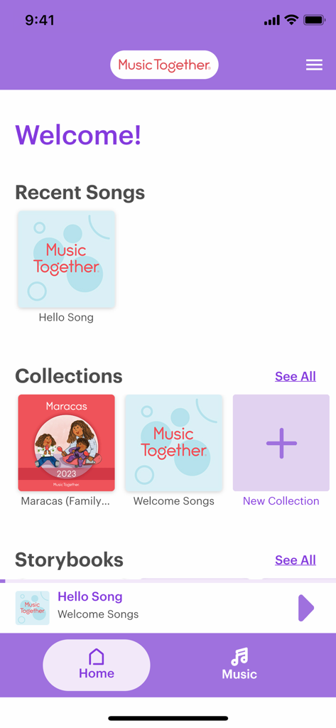 Music Together app home screen featuring song collections and storybooks for early childhood education.