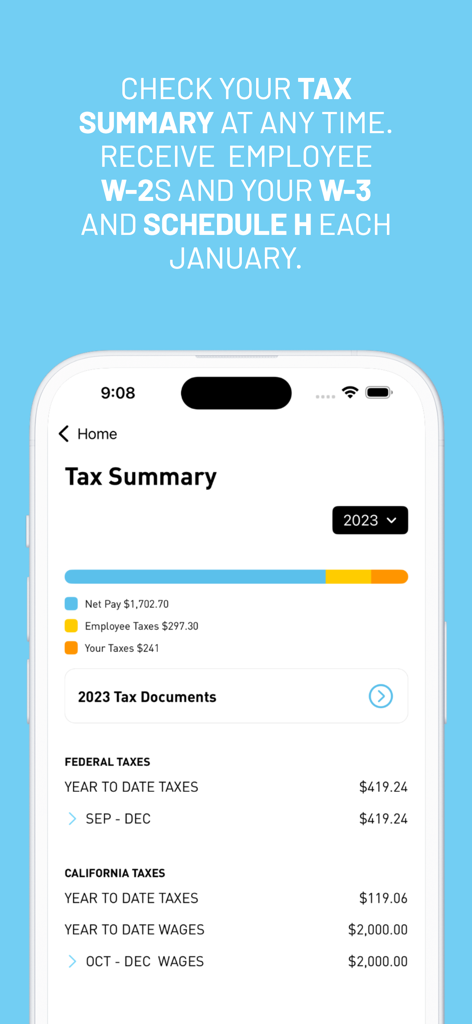 Nest Payroll - Nest Payroll app interface showing a comprehensive tax summary including federal and state tax breakdowns for household employers.