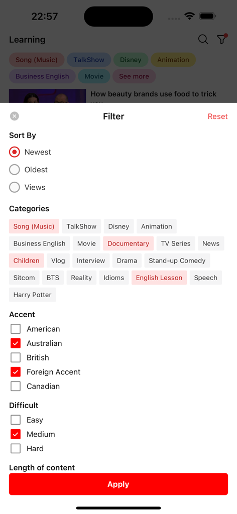 EngTube: Learn English Daily - EngTube app filter screen for selecting categories accents and difficulty levels