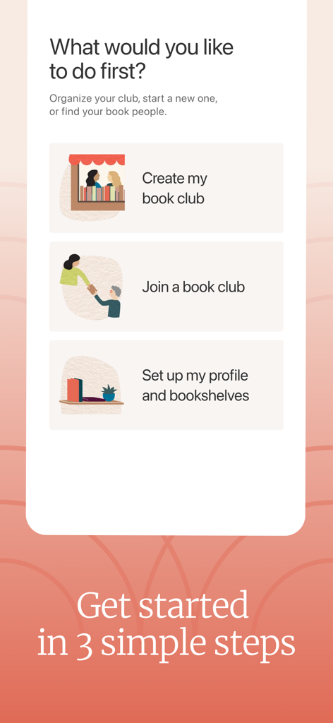 The onboarding screen for the Bookclubs app showing options to create a club, join a club, or set up a profile and bookshelves.