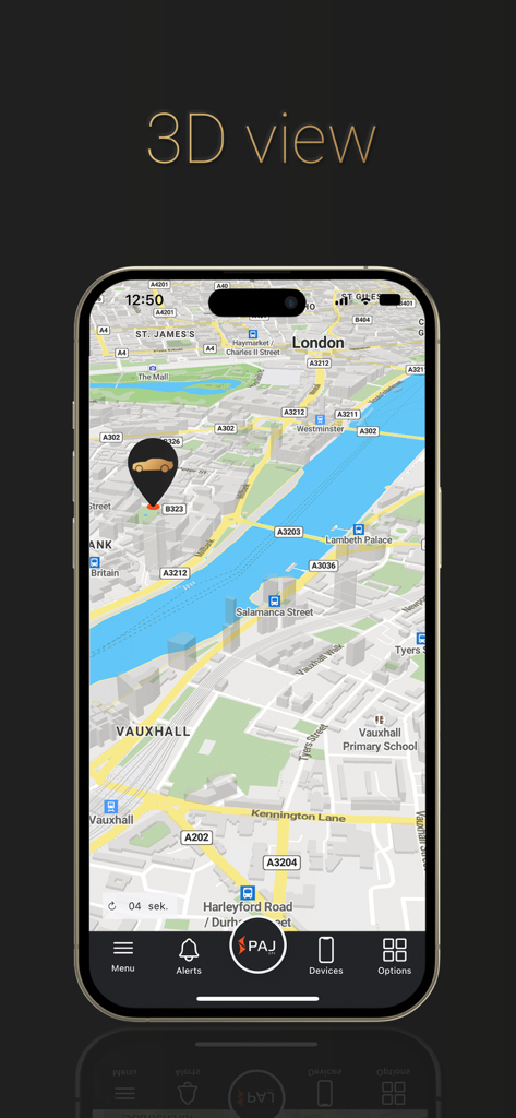 PAJ Portal v2 App zeigt den Standort eines Fahrzeugs auf einer 3D-Karte von London.