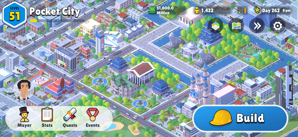 Pocket City 2 - Detailed isometric view of a 3D city with various buildings and parks in Pocket City 2