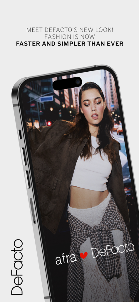 DeFacto - Clothing & Shopping - DeFacto mobile app showing a stylish woman and text promoting faster and simpler fashion shopping.
