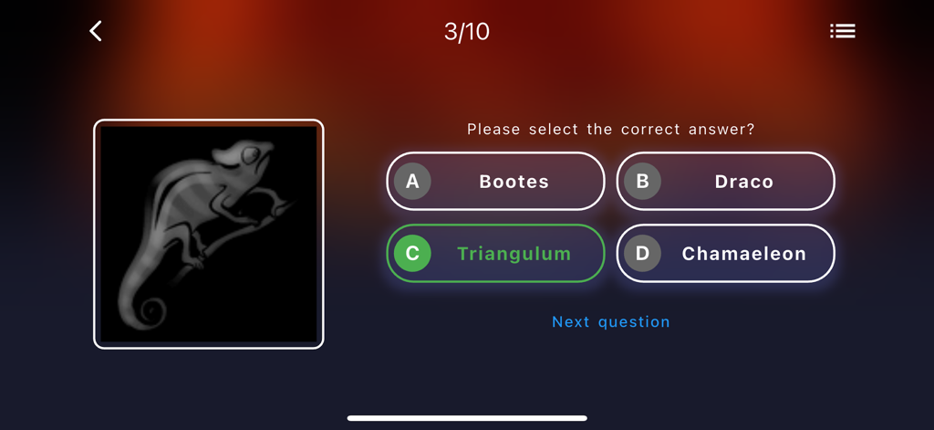 AR-Telescope-B - A constellation identification quiz in the AR-Telescope-B app featuring a chameleon illustration and multiple choice options.