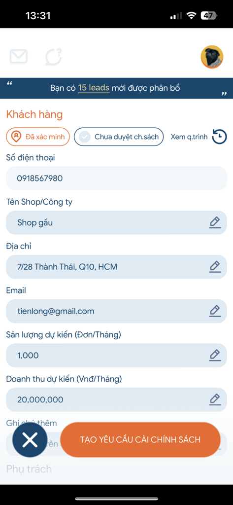 GHN - Nhanh KH - Screenshot of the GHN app showing a customer information form with fields for shop name address and expected order volume