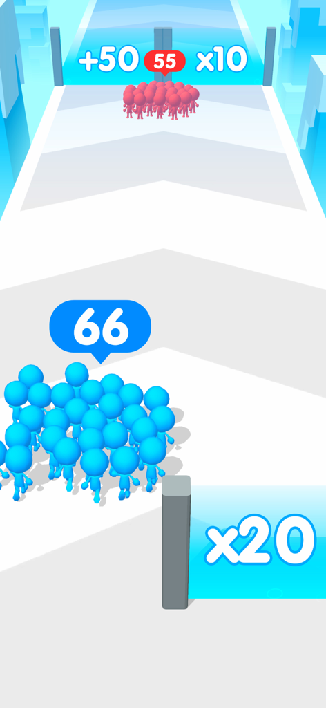 Eine Menge blauer Stickmen läuft in einem 3D-Spiel auf Multiplikator-Tore zu.