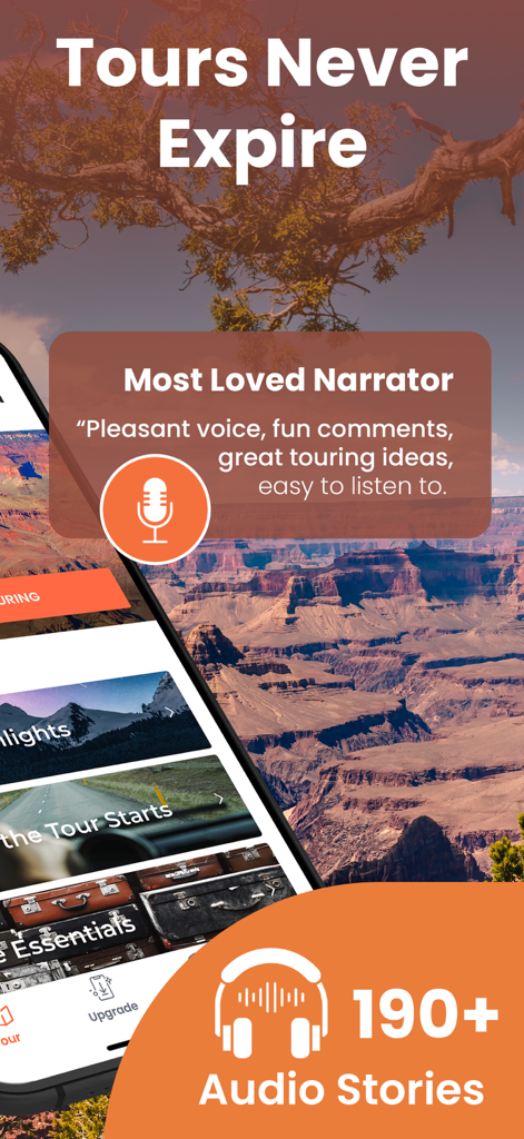Mobile app screen for Grand Canyon South driving tour highlighting 190 plus audio stories and narrator testimonials