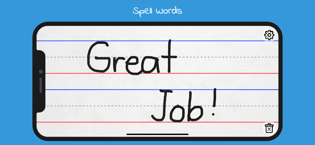 Smartphone displaying a digital writing pad with the handwritten words Great Job on ruled lines