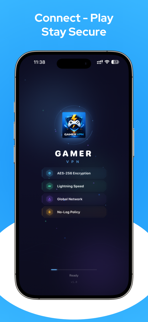 Gamer VPN: Proxy, Game Booster - Gamer VPN app splash screen on an iPhone showing game booster features like lightning speed and global network