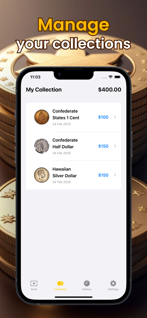 Rare Coin Value Identifier - 識別された希少コインとその市場価値を示すデジタルコレクション画面