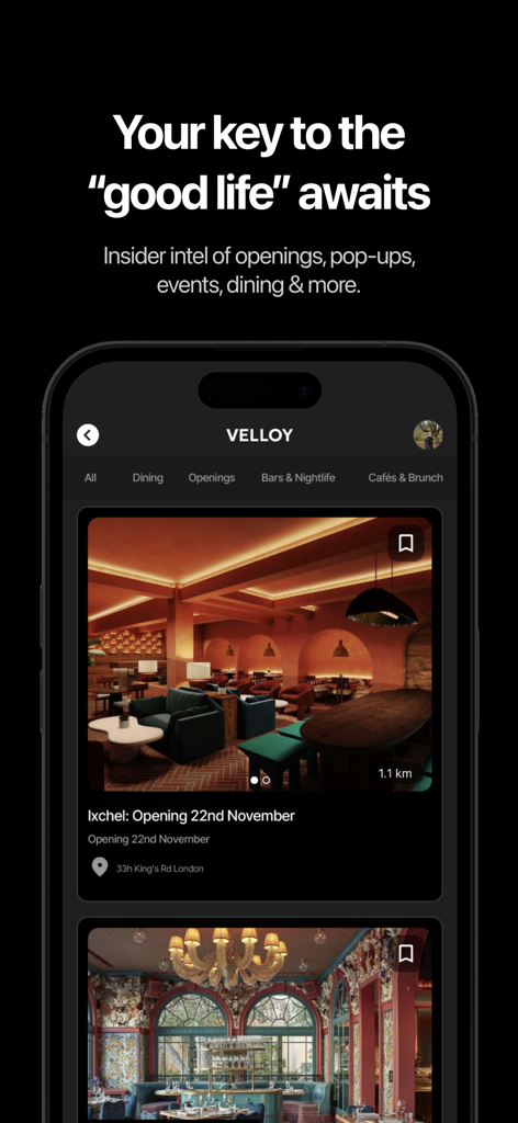 Tela do aplicativo Velloy mostrando um feed selecionado de aberturas exclusivas de restaurantes e locais de jantar de luxo.