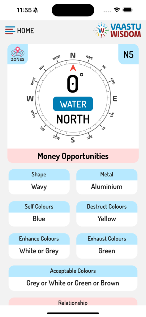 Vaastu Wisdom in ENG/GUJ/HINDI - Vaastu Wisdomモバイルアプリのインターフェース。デジタルコンパスと北方向のVastuのヒントが表示されます。
