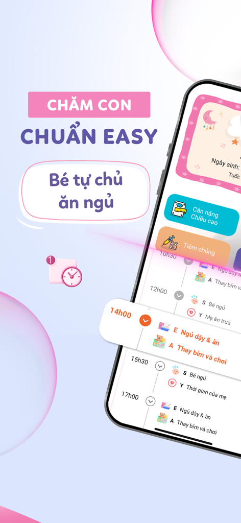 Momigo - Trợ Lý AI Của Mẹ & Bé - Interfaz de la aplicación Momigo que muestra un horario diario de cuidado del bebé con registros de sueño y alimentación.