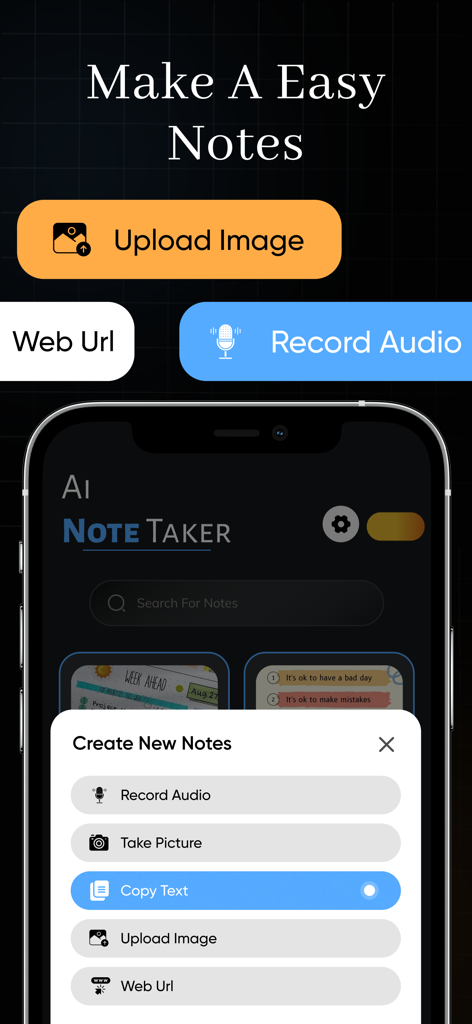 AI Note Taker : Voice Note AI - Bildschirm der AI Note Taker App, der mehrere Optionen zur Notizerstellung anzeigt, wie z. B. Audio aufnehmen, Bild machen und Bild hochladen