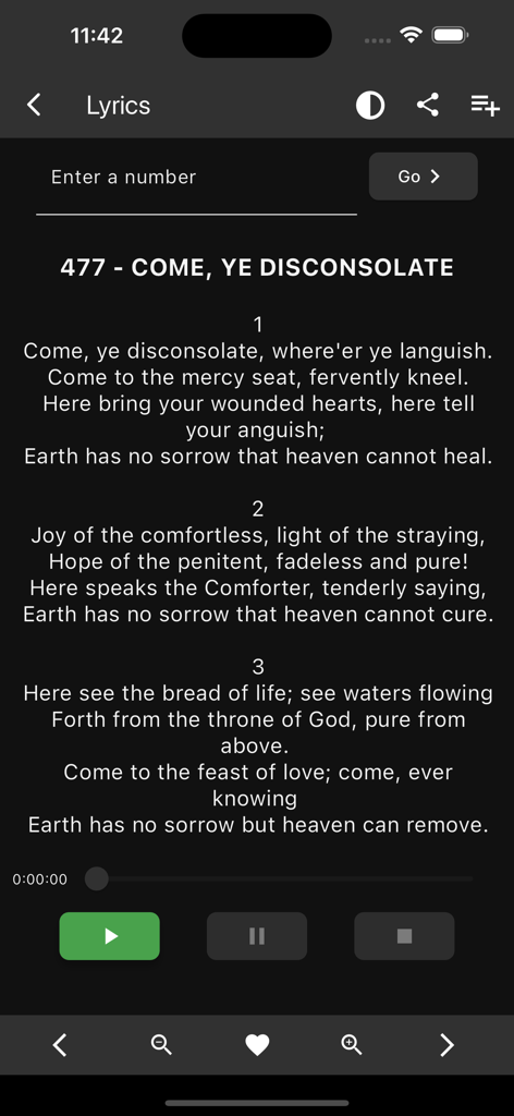 SDA Hymnal with music - SDA Hymnal app screen displaying hymn lyrics and music player controls in dark mode
