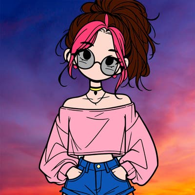 girl with a messy ponytail glasses a baggy crop top and jean shorts