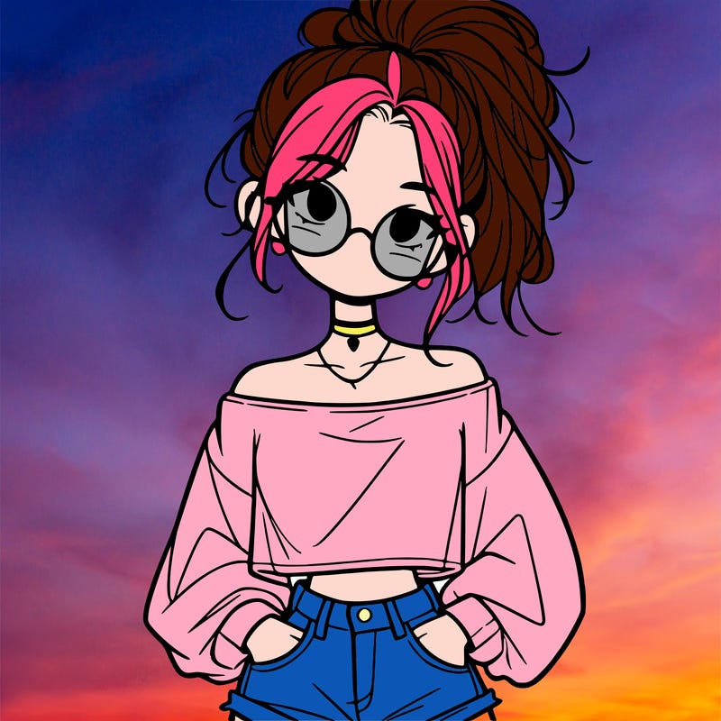 girl with a messy ponytail glasses a baggy crop top and jean shorts
