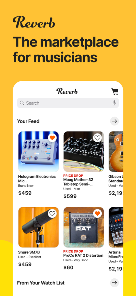 Reverb: Buy & Sell Music Gear - Interface de l'application mobile Reverb montrant un flux d'instruments de musique et d'équipements audio à vendre