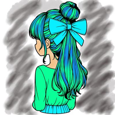 realistic girl  with hip length hair a bun and a big bow on the back of head