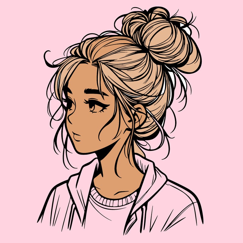 realistic teenage girl with a messy bun