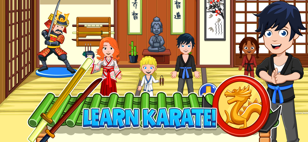 Kinder und Ausbilder in einem Karate-Dojo innerhalb der App My City After School.