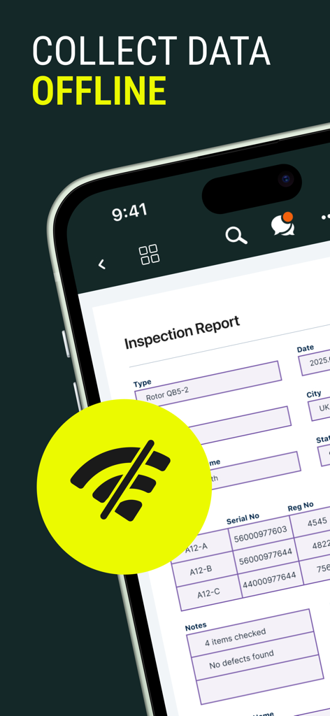Fluix Tasks mobile app interface showing an inspection report form with a crossed-out Wi-Fi icon indicating offline data collection capabilities.