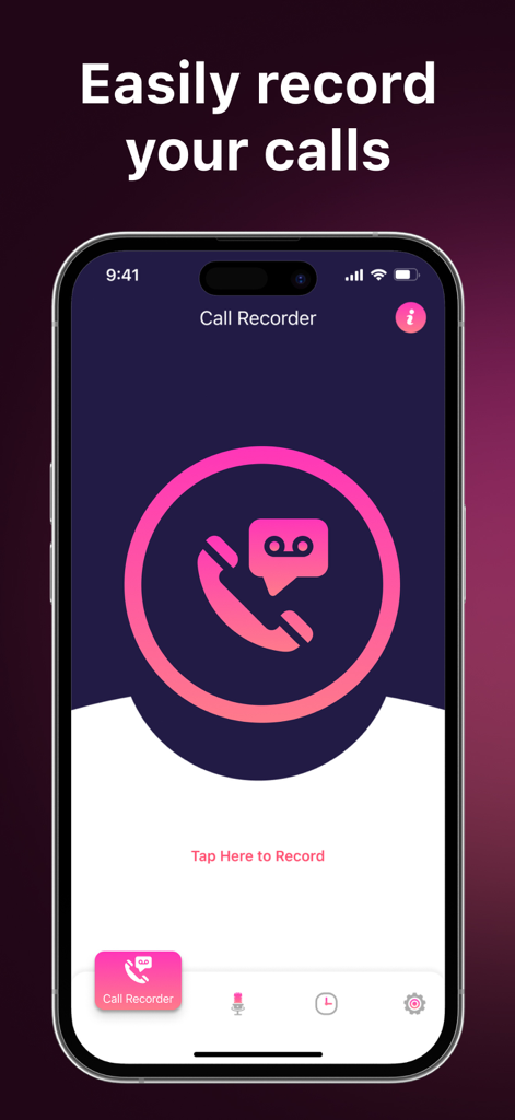Main interface of the Call Recorder app on iPhone featuring a one-tap recording button
